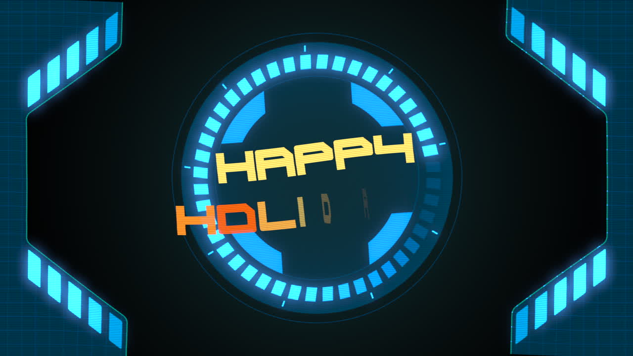 signo de neón futurista vibrante con felices vacaciones en azul y púrpura en fondo geométrico