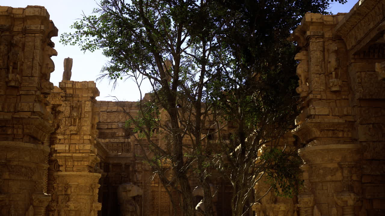 Ancient temple ruins surrounded by lush greenery and blue sky