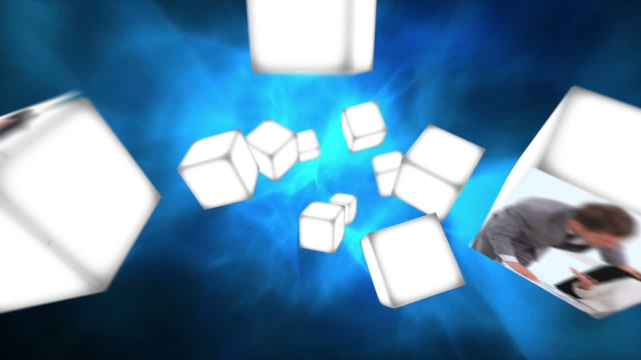 비즈니스 비디오와 함께 공중에 굴러가는 큐브