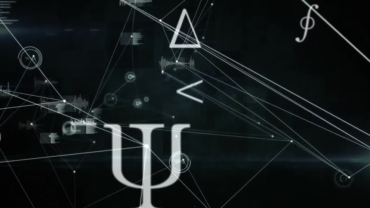 animación de símbolos matemáticos sobre barras de carga y puntos conectados sobre fondo negro