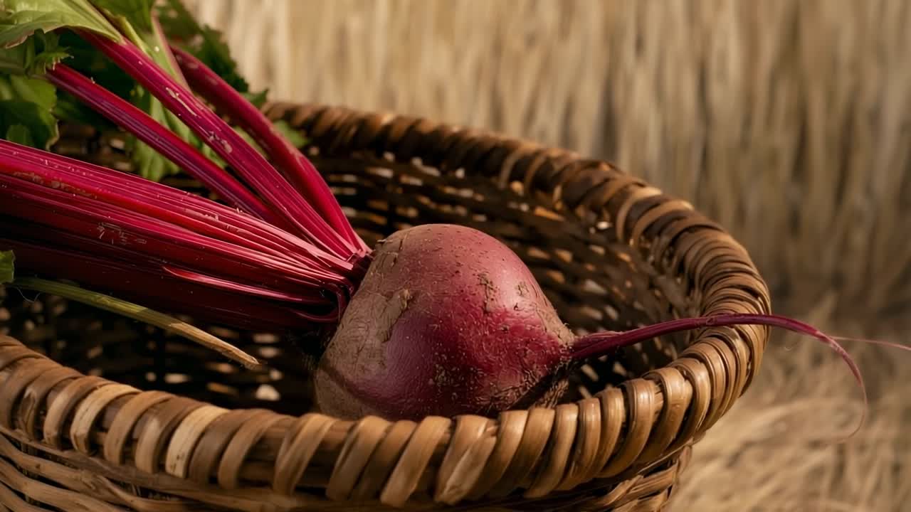Opening shot capturing red beetroot resting in wicker basket in barn on straw, highlighting harvest