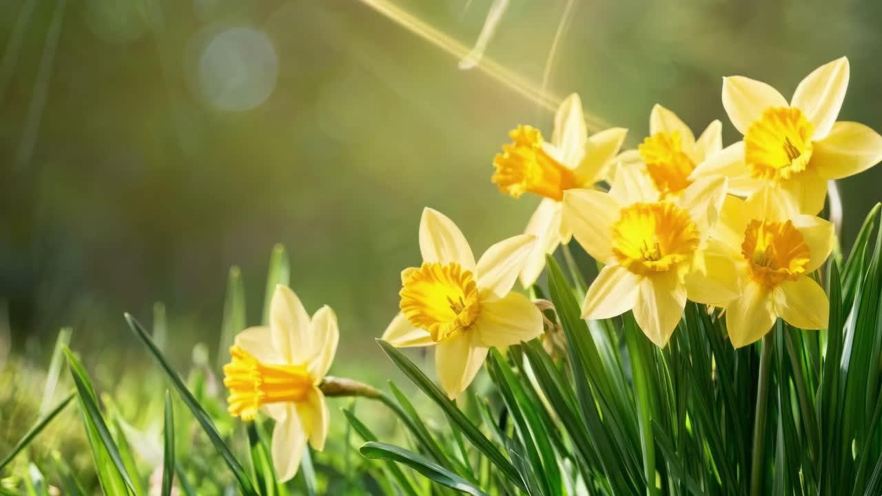 Close-up video of vibrant yellow daffodils in sunlight, captured from a low angle