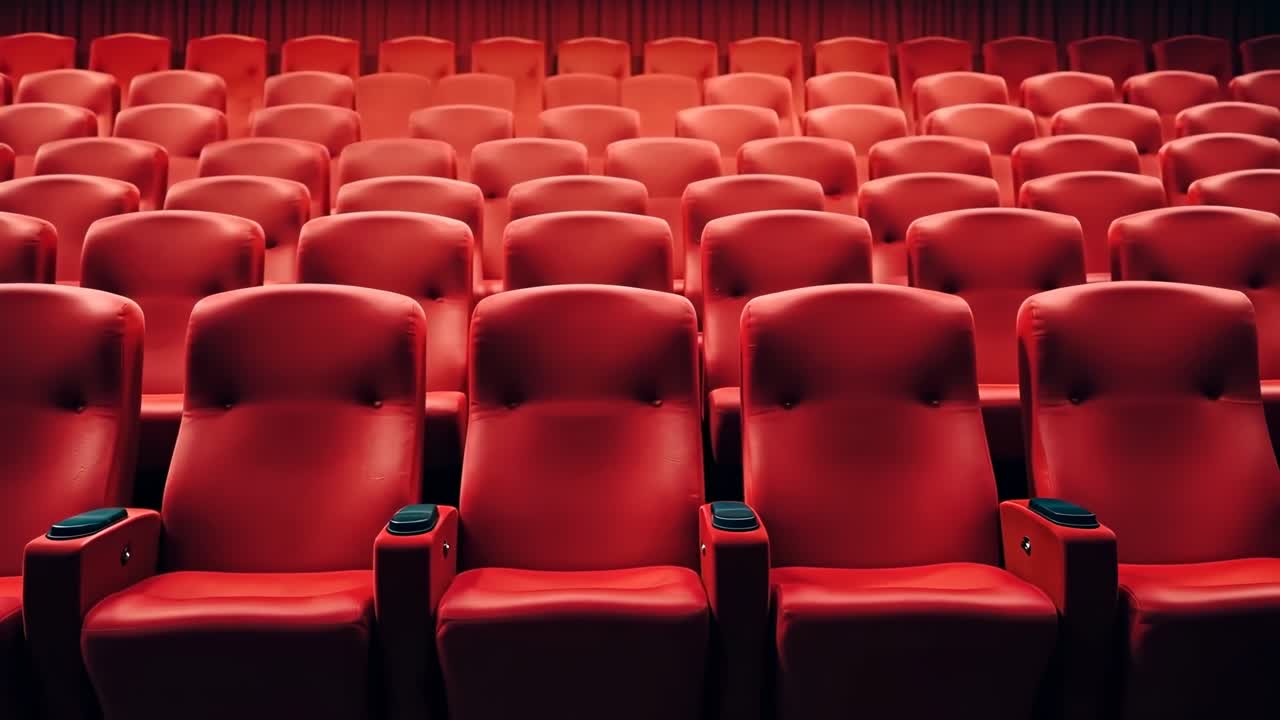 Rows of red theater seats captured from a low angle, evoking a cinematic video atmosphere