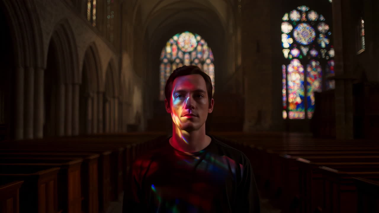 Man Illuminated by Stained Glass Light in a Church