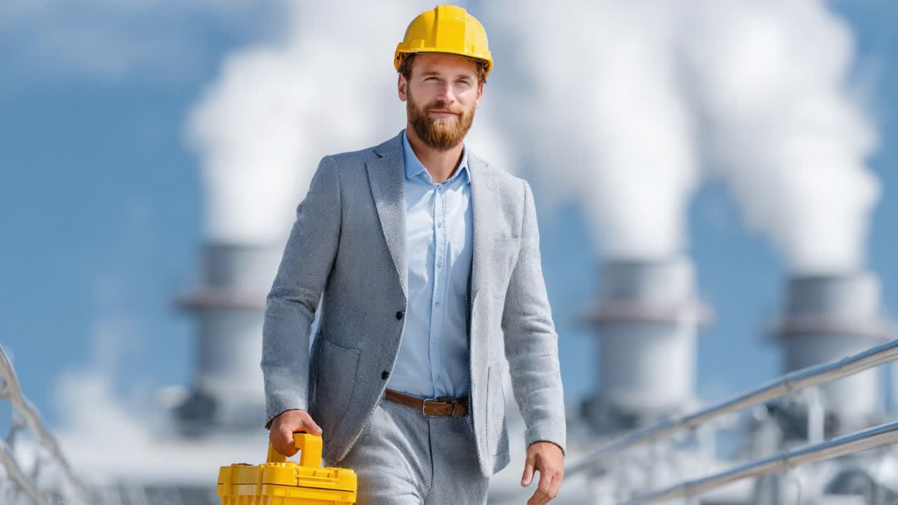 Confident Professional in Safety Gear Walks Through Industrial Setting, Highlighting Commitment to Safety and Innovation Amidst Steam and Modern Development