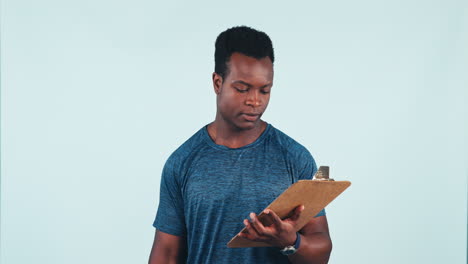 Clipboard,-fitness-and-black-man-flexing-arms