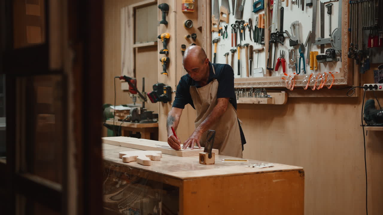 Skilled Carpenter Marking Wood with a Pencil in Workshop