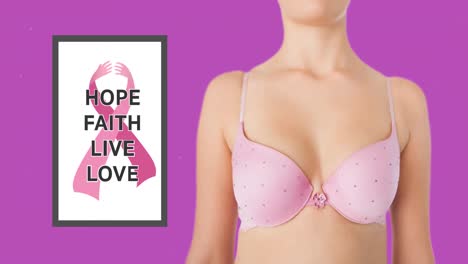 animation of breast cancer awarness text with caucasian woman wearing pink underwear