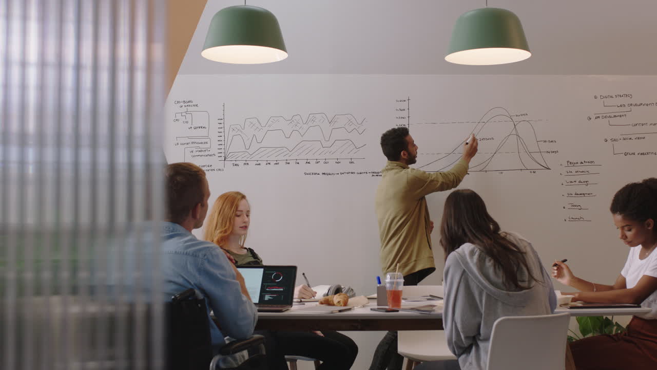 young business people meeting in boardroom brainstorming presentation team leader businessman presenting financial graph data showing colleagues working together in wheelchair friendly office