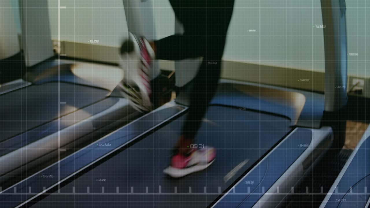 Woman running on treadmill, using console and initiating green graph tracking fitness pace data