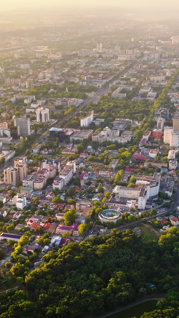 Aerial drone view of Chisinau, Moldova at sunrise. Vertical