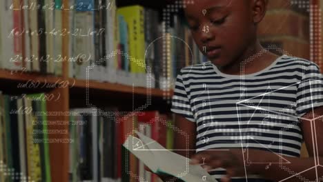 geometrical shapes and mathematical equations against african american girl reading book at library