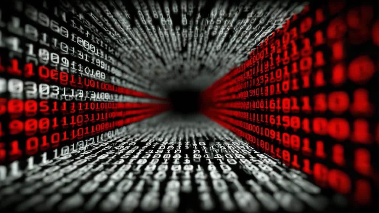 A Stunning Visual Representation of Data Streams, Showcasing Binary Code Transitioning Through a Tunnel of Digits in a Striking Contrast of Red and Black Colors