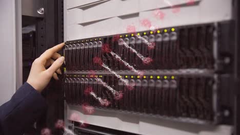 animation of dna strand spinning over woman's hand by computer server in tech room