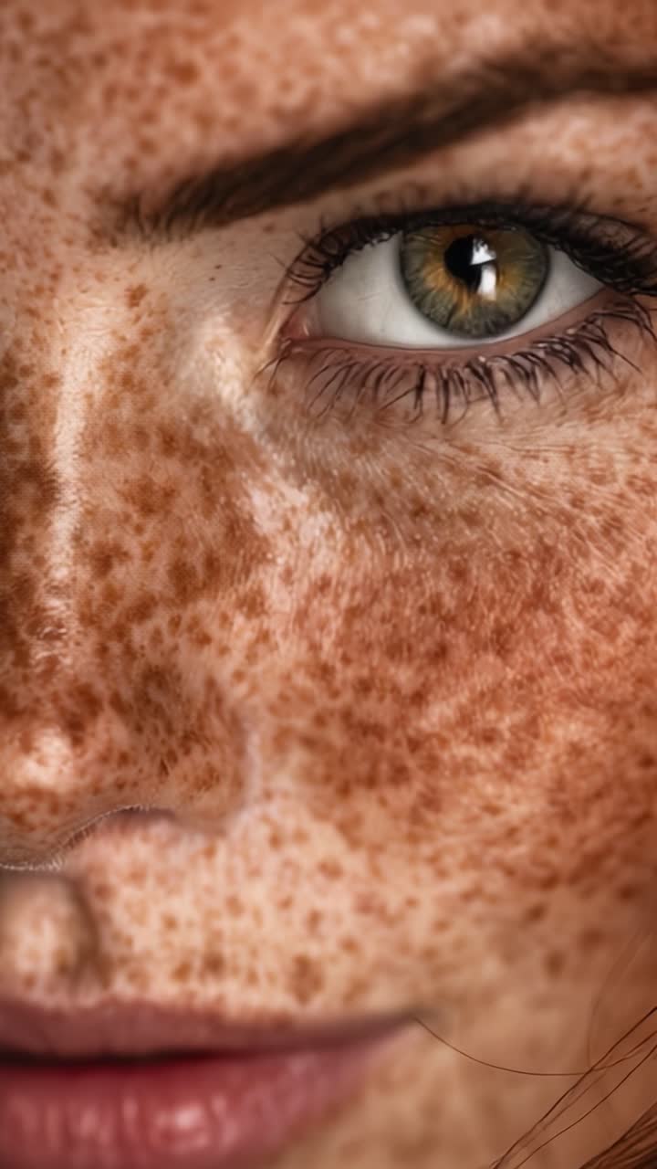 Primo Piano Accattivante di un Viso Lentigginoso che Mostra Occhi Marroni Ipnotizzanti e una Texture della Pelle Unica, Sottolineando la Bellezza Naturale e l'Individualità