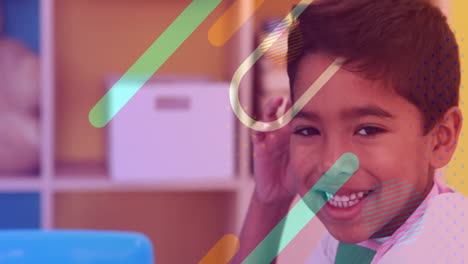 smiling child with colorful lines animation over classroom background