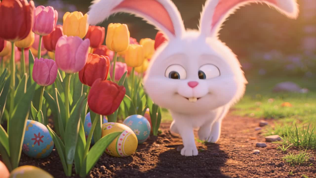 Seeing Easter eggs, white rabbit, curious, nudging, sniffing eggs and ...