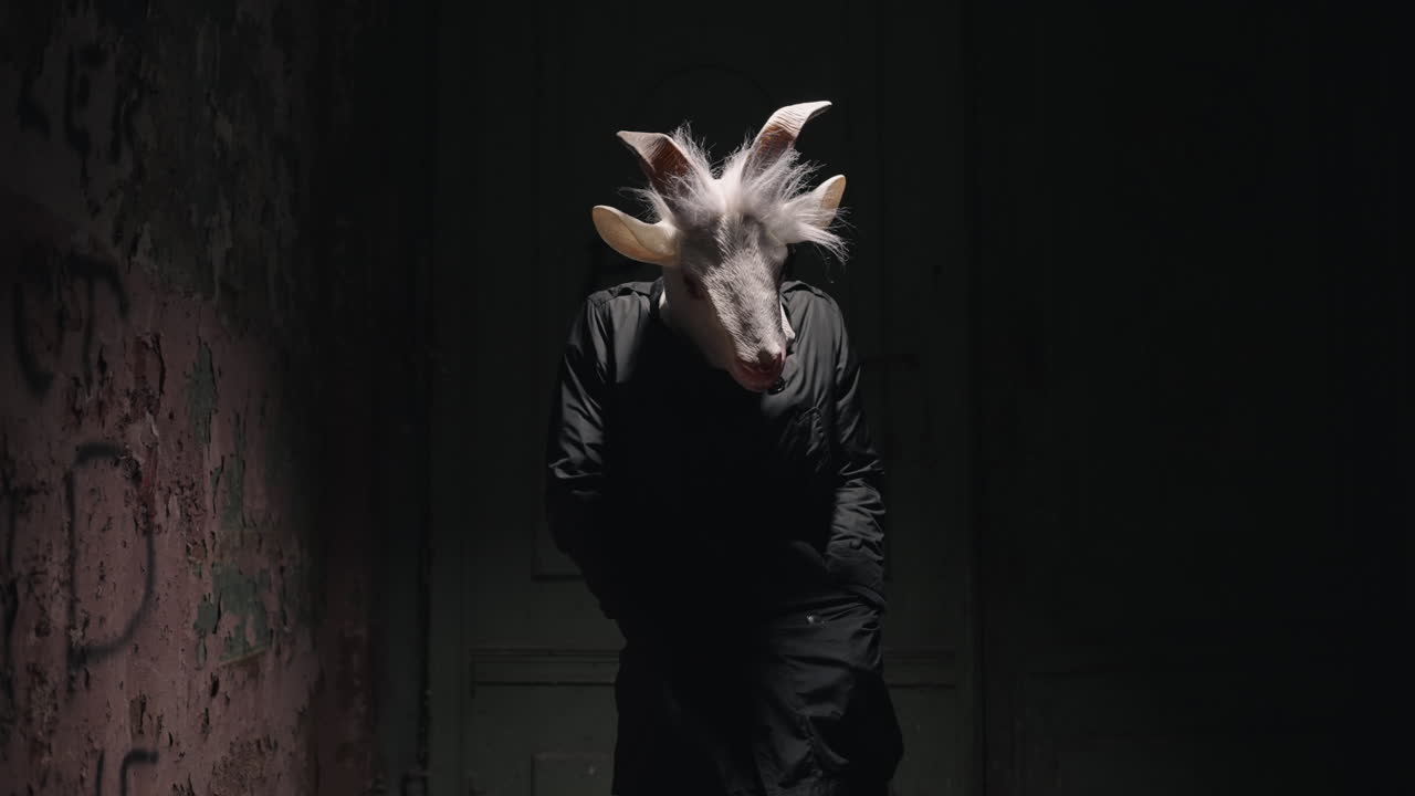 Person in Goat Mask in Dark Abandoned Building