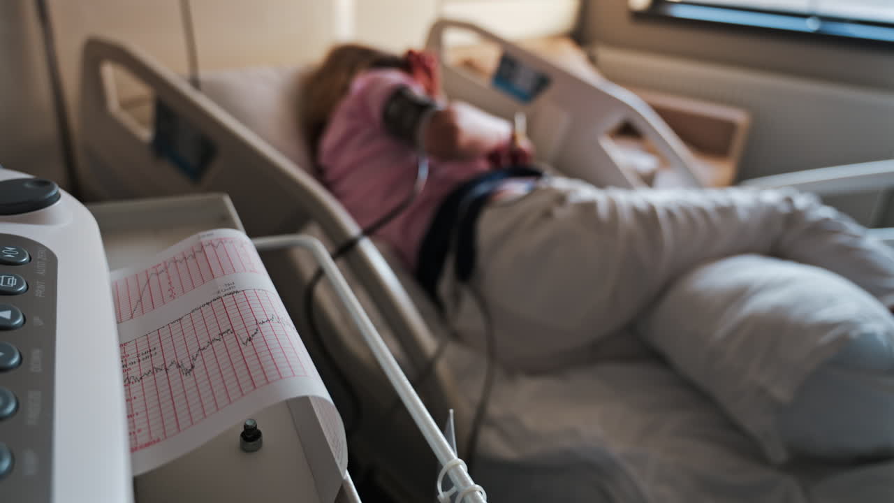 Close-up of a fetal monitor in a doctor's office, displaying fetal heart rate and uterine contraction data during a prenatal check-up with a blurred view of a pregnant woman lying in a hospital bed