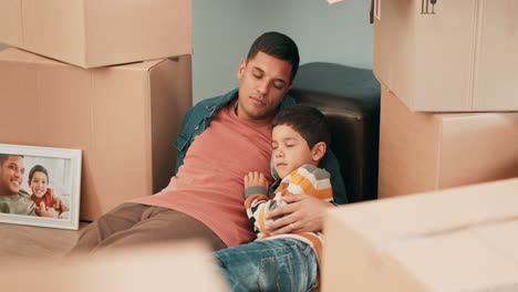 New-home,-moving-and-tired-parent-with-child