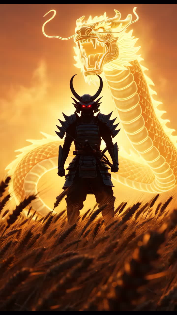 Guerreiro samurai com dragão brilhante em campo de trigo dourado ao pôr do sol