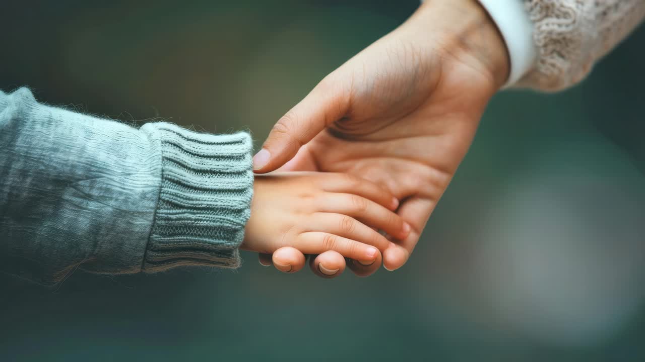 Close-up video shot of an adult and child's hands gently holding each other, symbolizing care