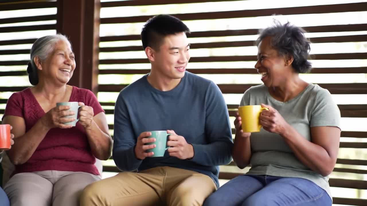 A Joyful Gathering of Generations: Sharing Laughter and Warm Beverages in a Cozy Setting, Strengthening Bonds through Conversations and Smiles