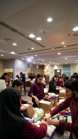 volunteers packing donations