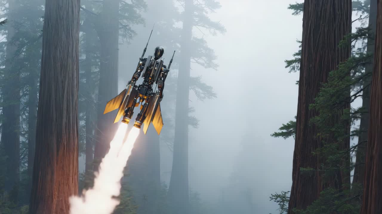 Futuristic Robot with Jetpack Ascends Through a Misty Redwood Forest