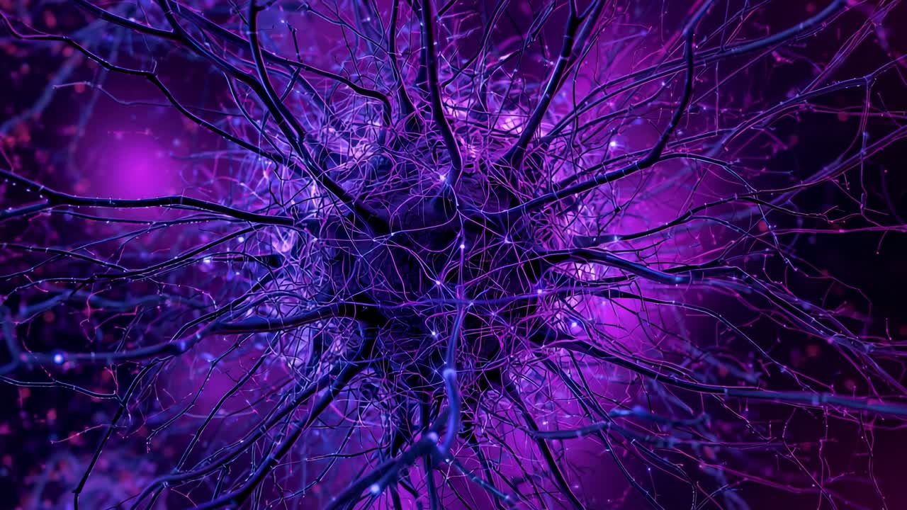 Flickering pulses traveling along dendritic branches from neuron in microscope view, with particles