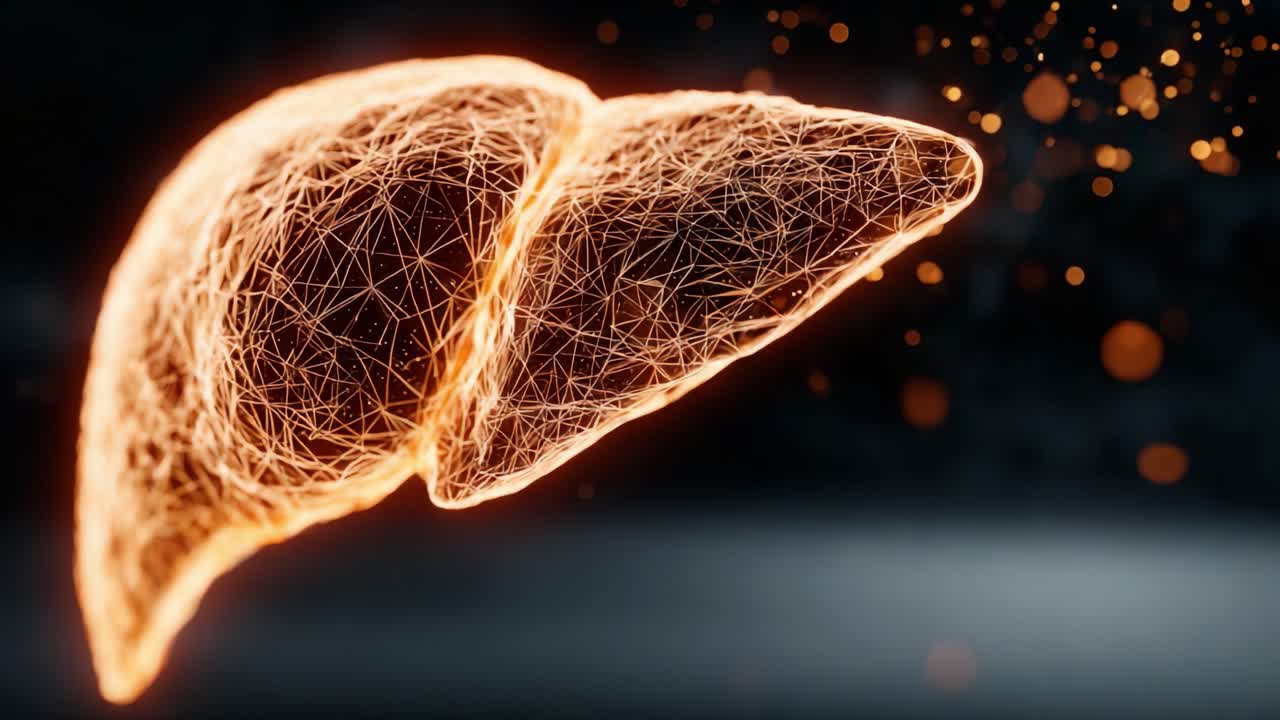 Una Splendida Visualizzazione di una Struttura Epatica in Forma Astratta, che Evidenzia Intricati Schemi di Rete in una Rappresentazione Luminosa e Dinamica