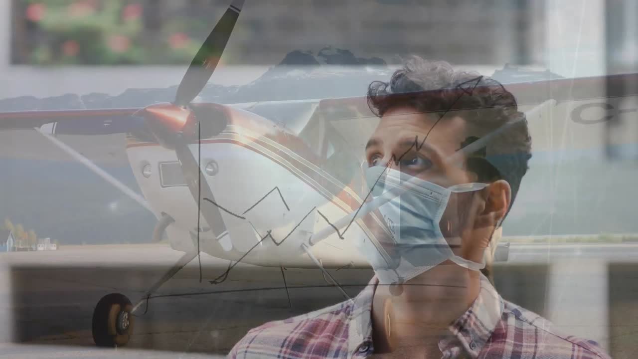 얼굴 마스크를 착용한 백인 남성 위에 비행기와 백인 남자의 애니메이션