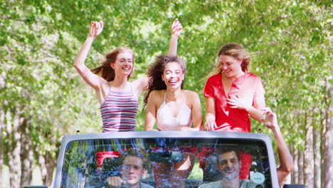 amigas de pie en un coche abierto con los brazos en el aire