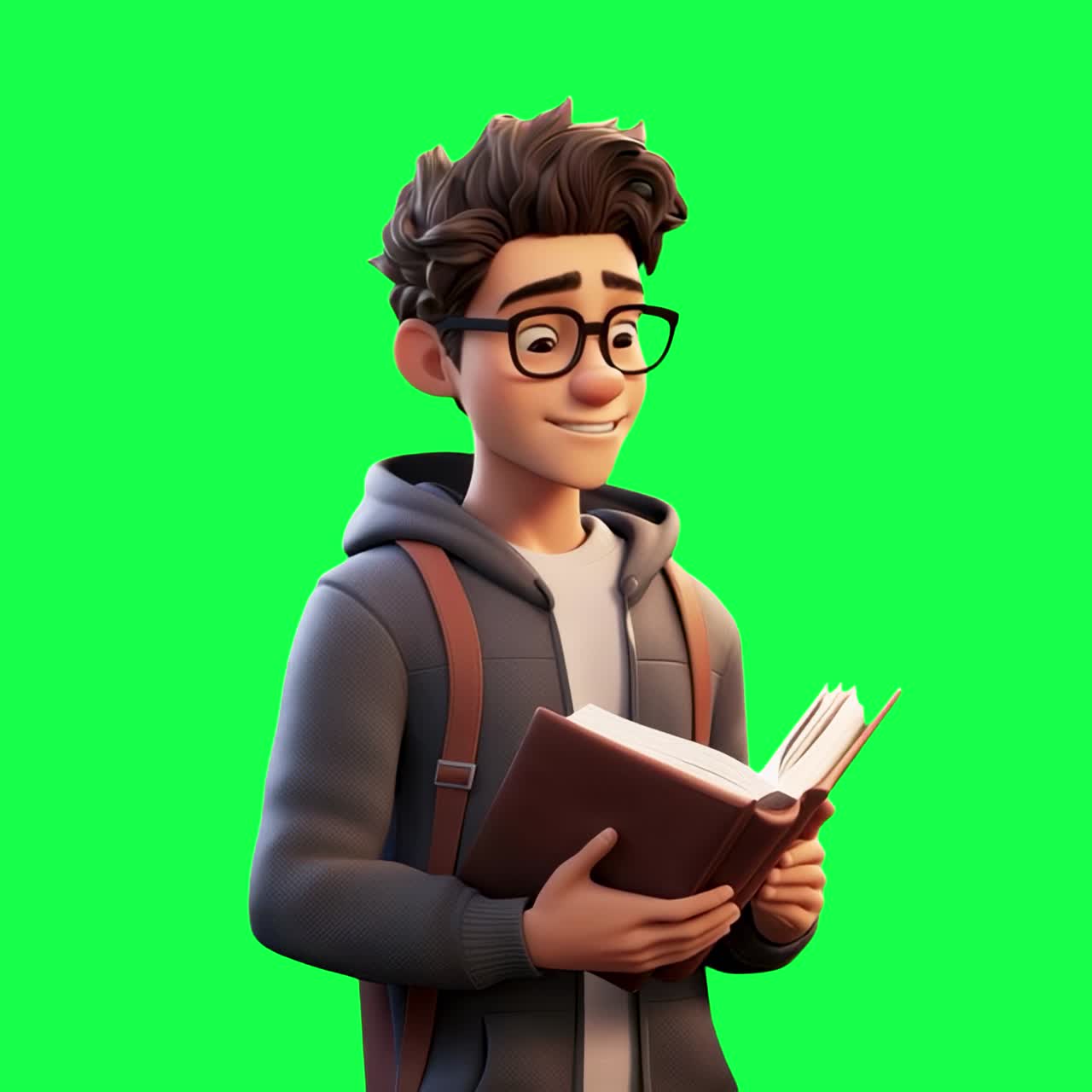 Animazione di un personaggio animato che legge un libro, video 4K trasparente, green screen