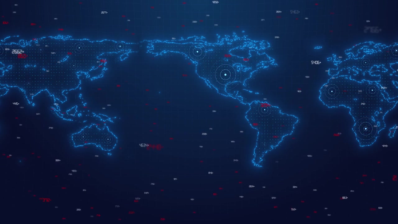 Digital world map analytics visual with blue dotted continents red white data numbers and target