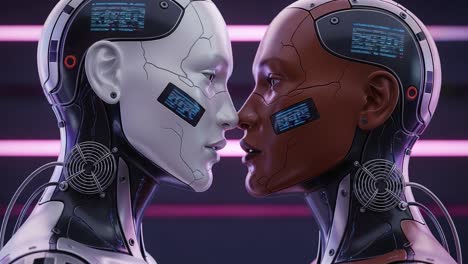 a captivating encounter between two futuristic androids: exploring intersectionality and technology in a digital realm through their intimate connection