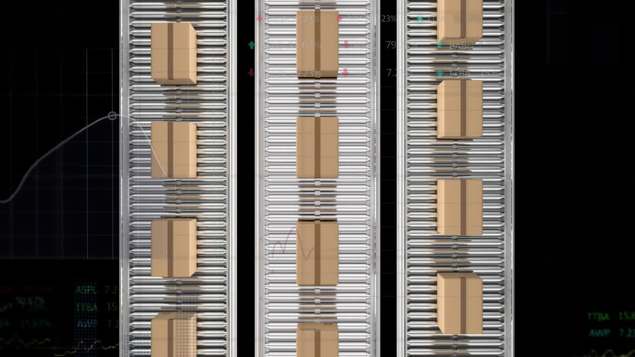 animación de cajas en cintas transportadoras sobre un fondo negro