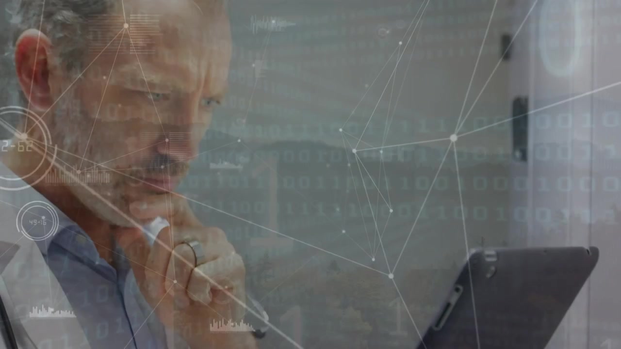 Animation of caucasian male doctor using tablet over data processing