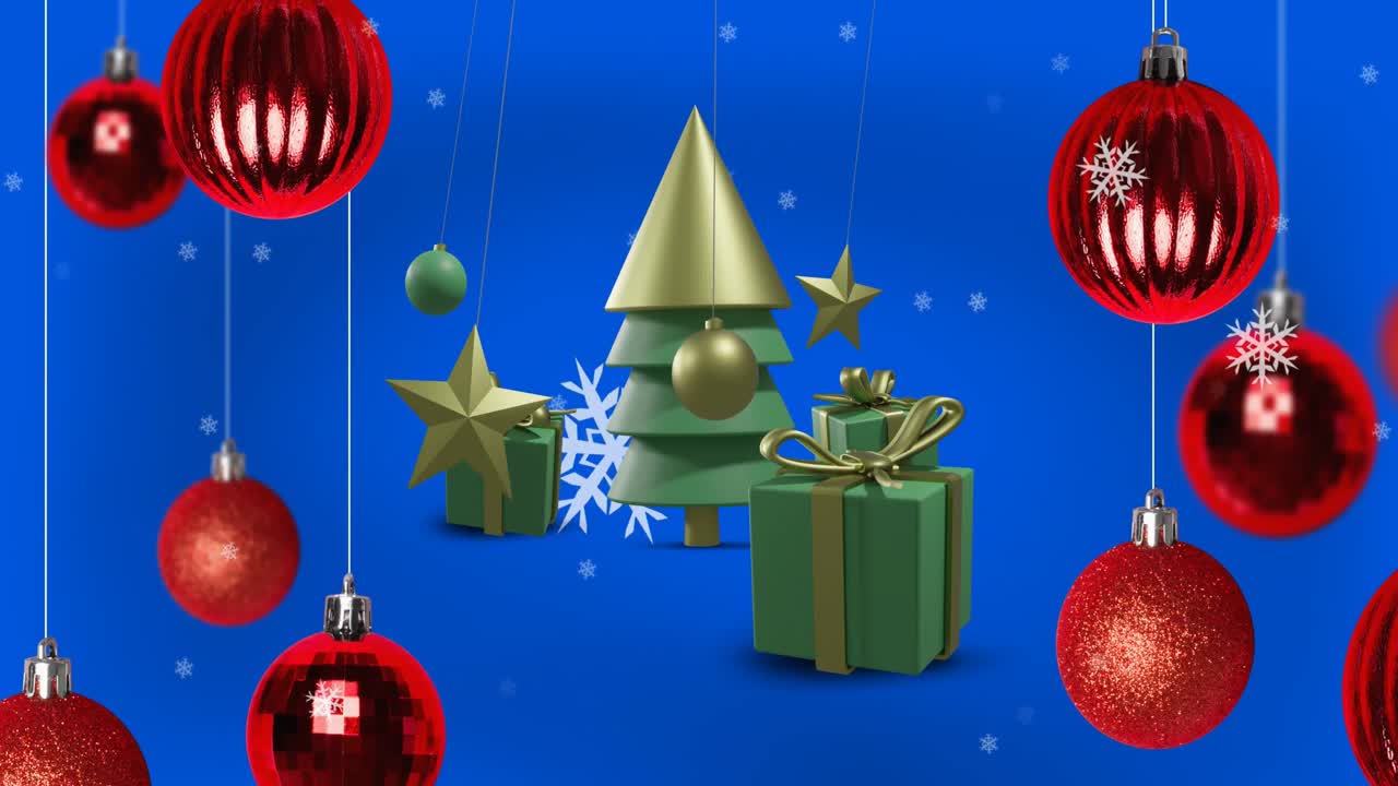 animación de árboles de navidad y decoraciones sobre fondo azul.