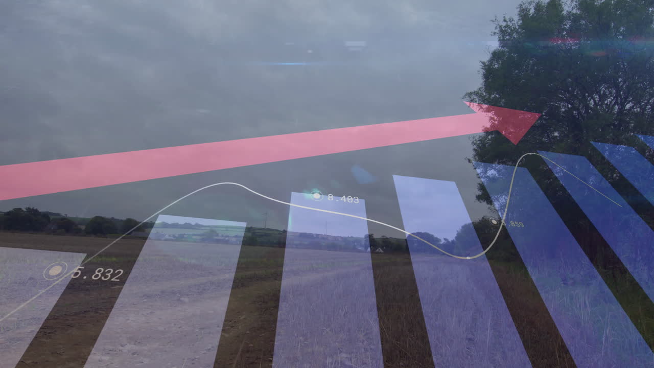 Data visualization rising over dirt road showing blue bars, pink arrow, white line
