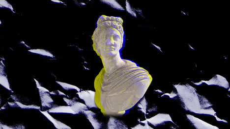 animation of ancient sculpture and moving blue texture and copy space on black background