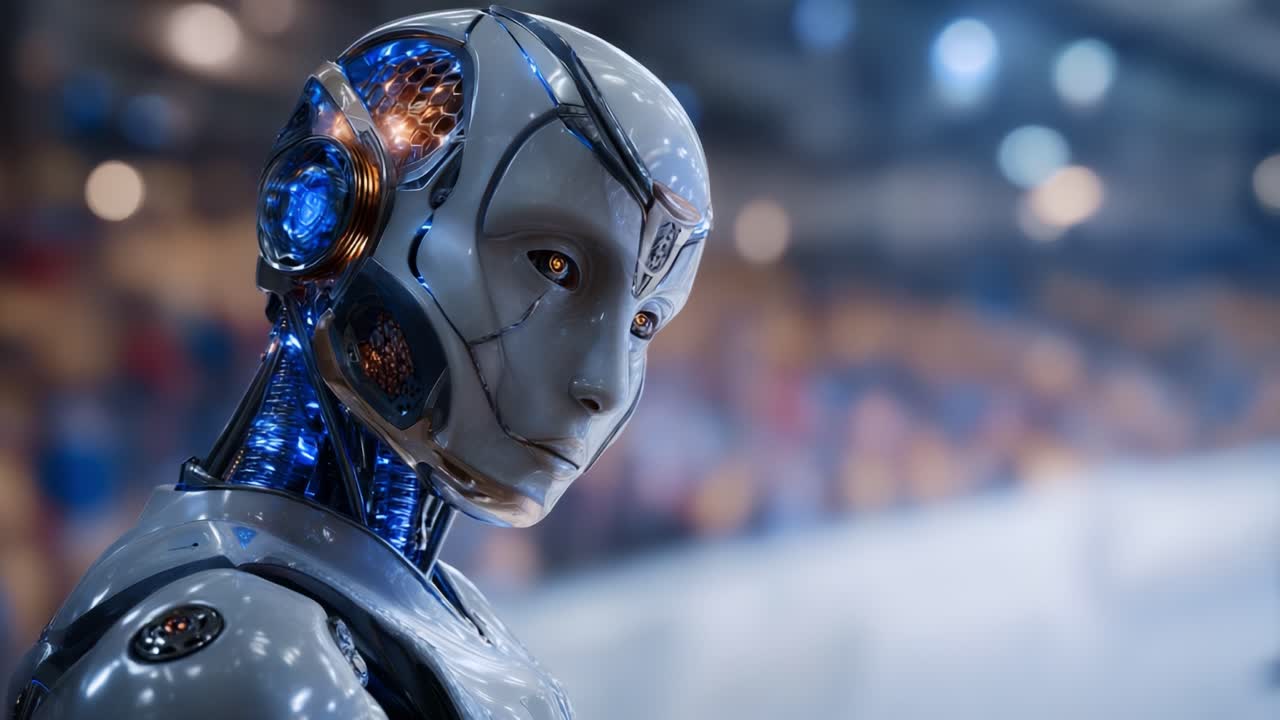 Robot umanoide futuristico con circuiti complessi e caratteristiche realistiche raffigurato in diversi momenti, che mostra tecnologia avanzata e intelligenza artificiale
