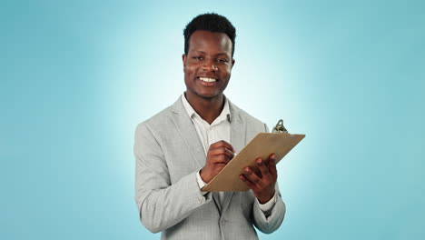 Black-man,-writing-and-clipboard-for-checklist
