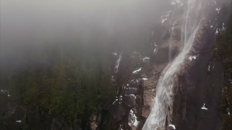 Aerial-view-of-approaching-waterfalls-in-misty-weather,-variation