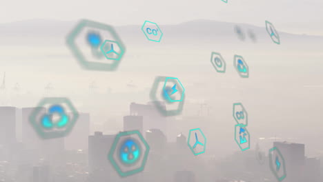 animation of network of eco icons over cityscape