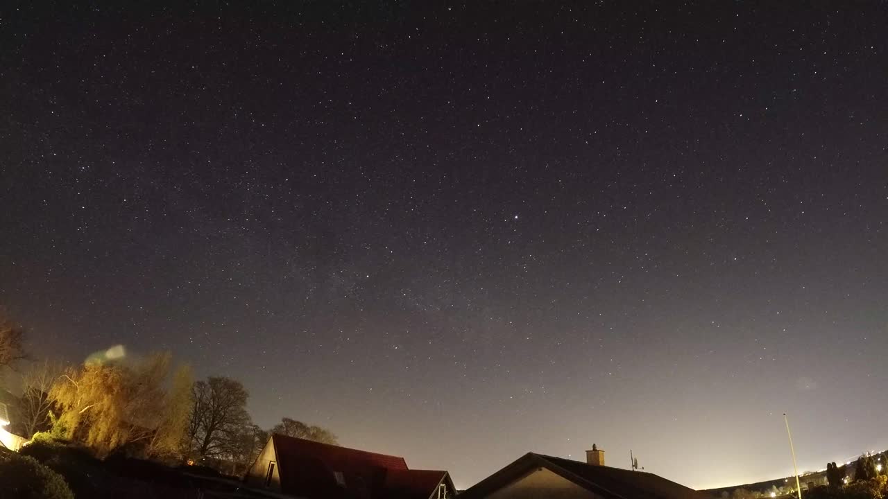 Nightlapse, direction east in Denmark in April. Starlink, shooting stars ans planes.