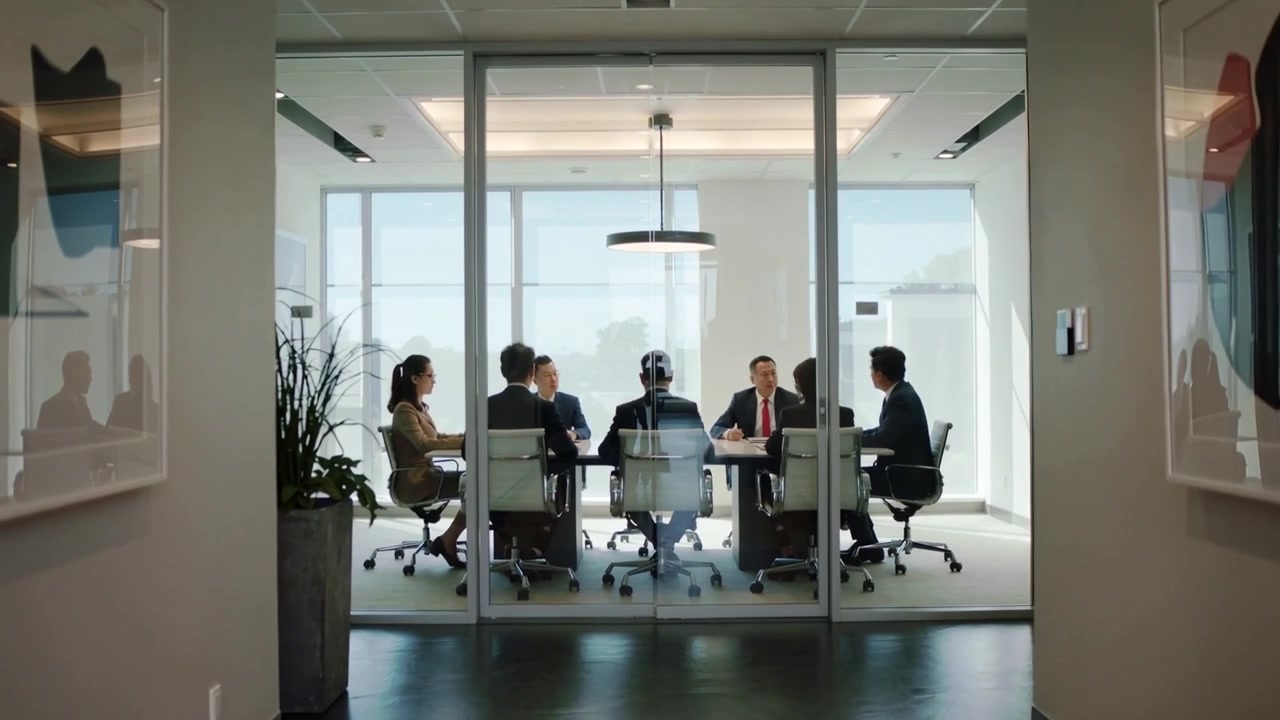 Discussing team in suits reviewing plans around table in glass room as passersby walking foreground