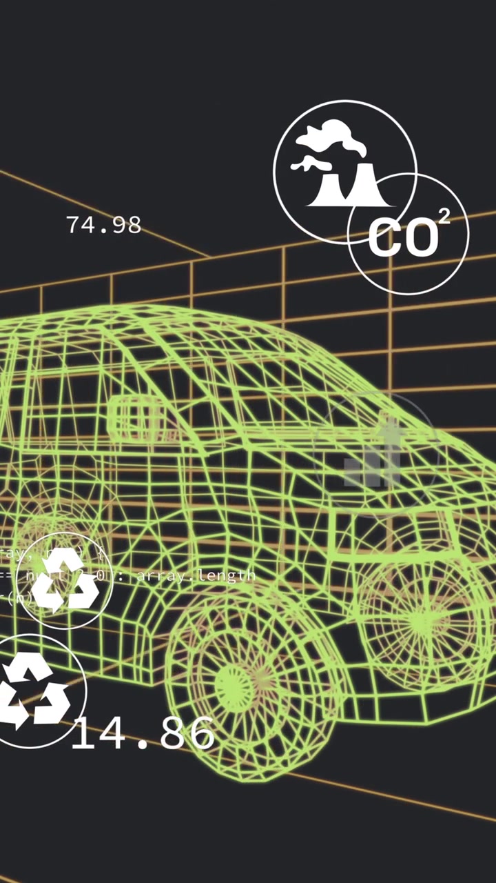Animazione di icone digitali multiple sopra un modello 3D di furgone che si muove con motivo continuo in un tunnel