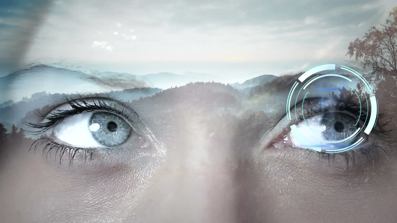 Animation of woman's eyes and clock over mountains