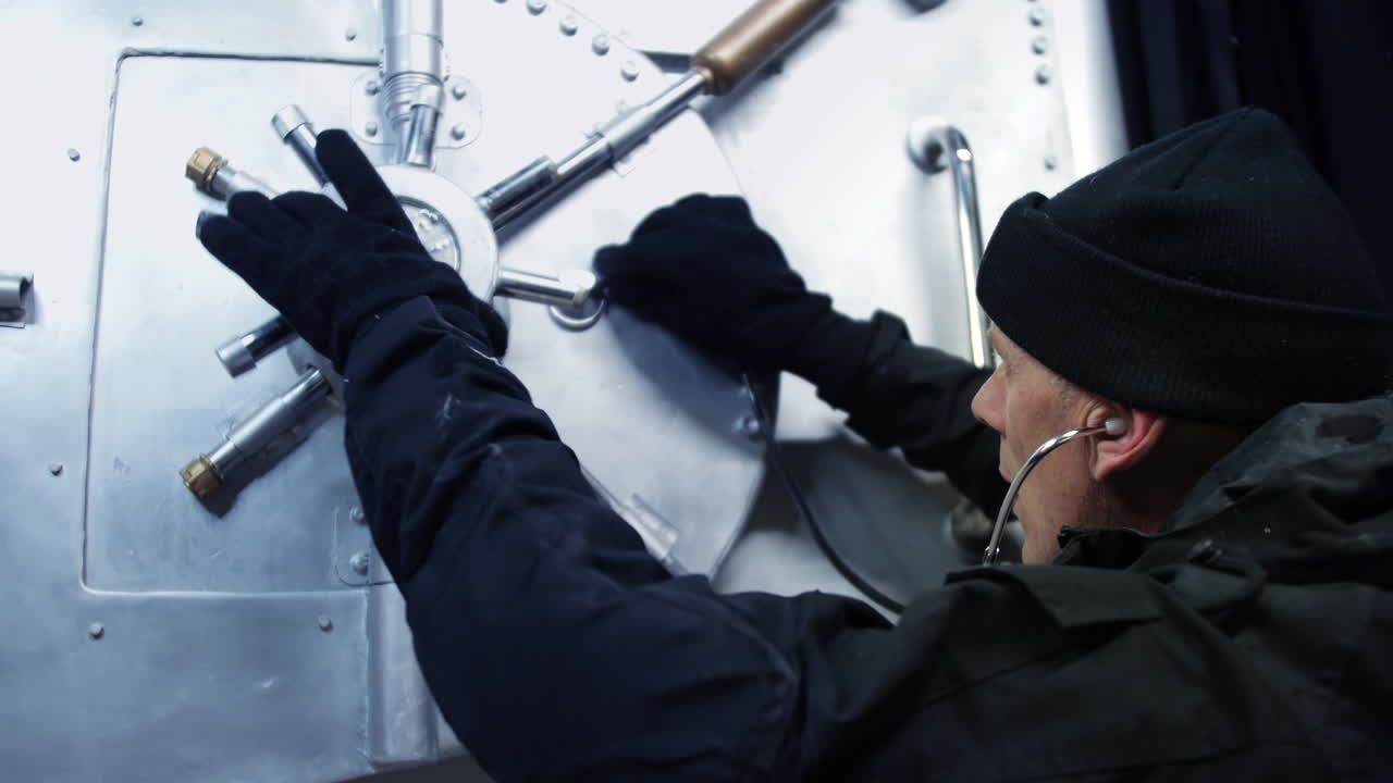 primer plano de un ladrón de bancos rompiendo una caja fuerte